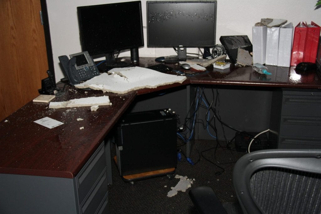 Storm damage on a desk at OCCC