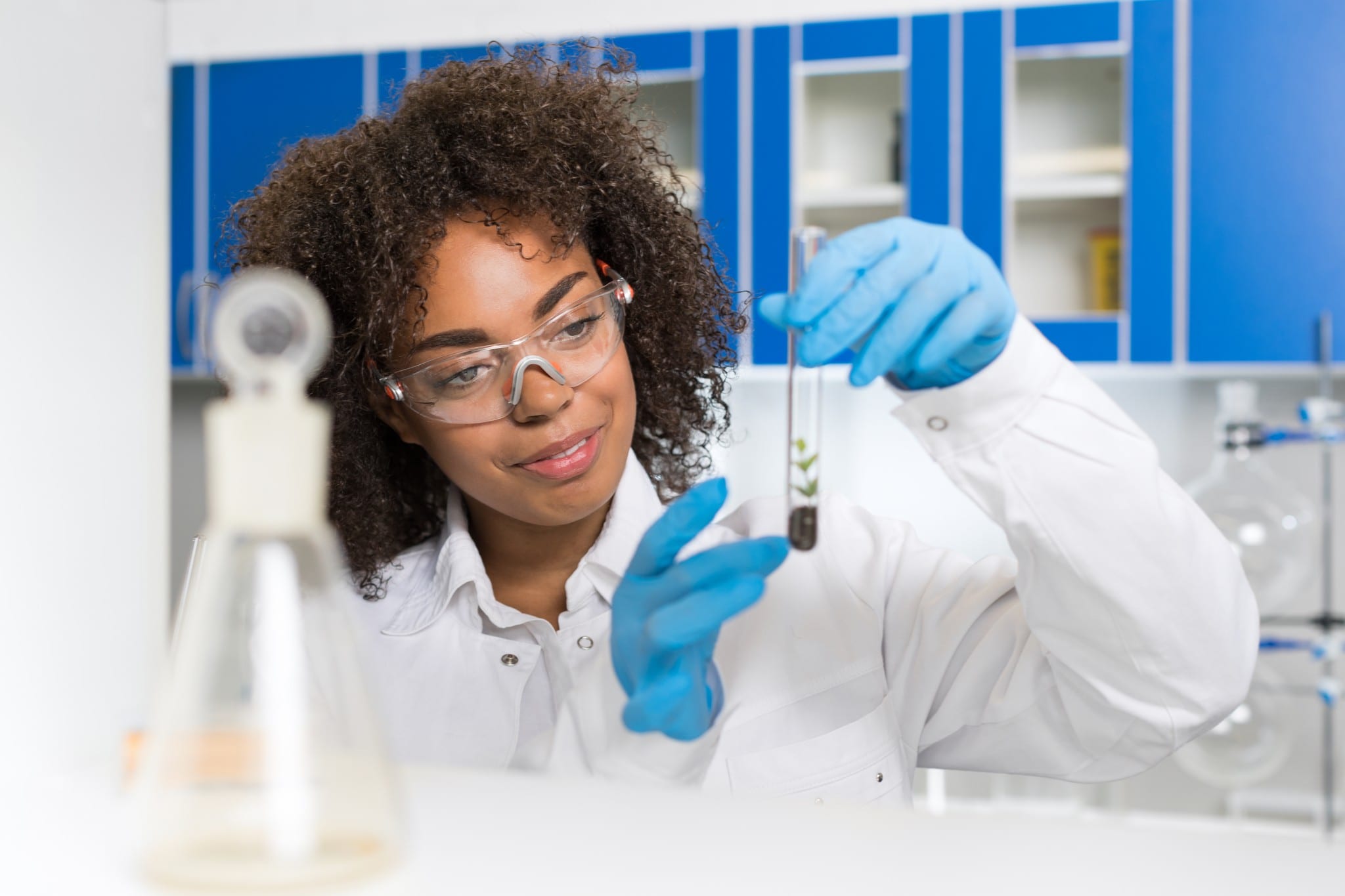Laboratory scientist examining plant sample in test tube