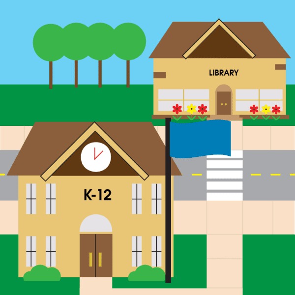 What is E-RAte? (illustration of school and library)