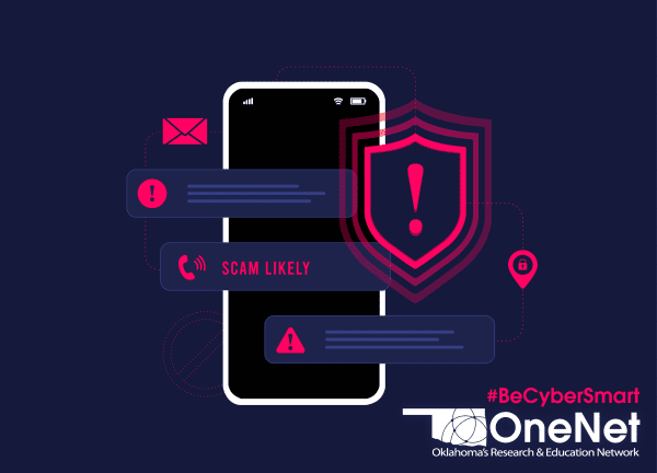 Smart phone graphic with alert notifications and "scam likely" text with OneNet logo in white and #CyberSmart