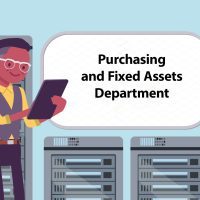 Person working on a tablet in a datacenter with networking equipment; Text reads "Purchasing and Fixed Assets Department"