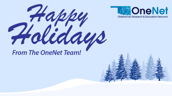 OneNet logo, swow-covered hill with trees - Text reads "Happy Holidays From The OneNet Team!"