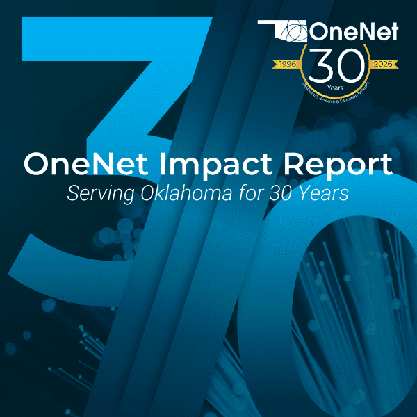 OneNet Anniversary Logo Highlighting 30 Years of Service and optical fiber - Text reads "OneNet Impact Report - Serving Oklahoma for 30 Years"