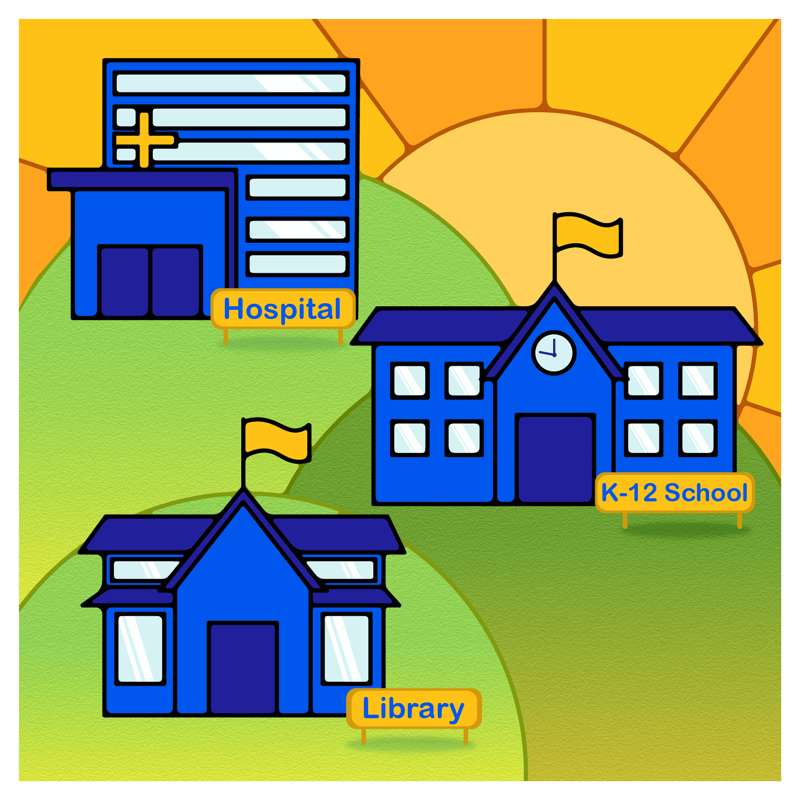 Illustration showing a hospital, K–12 school, and library on rolling green hills with a sunrise in the background.
